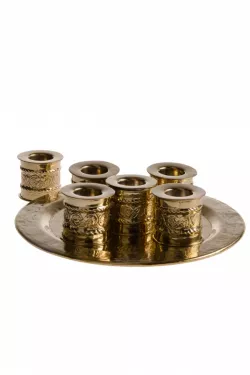 Oriental tray set, brass tray + 6 brass candelabras Osman